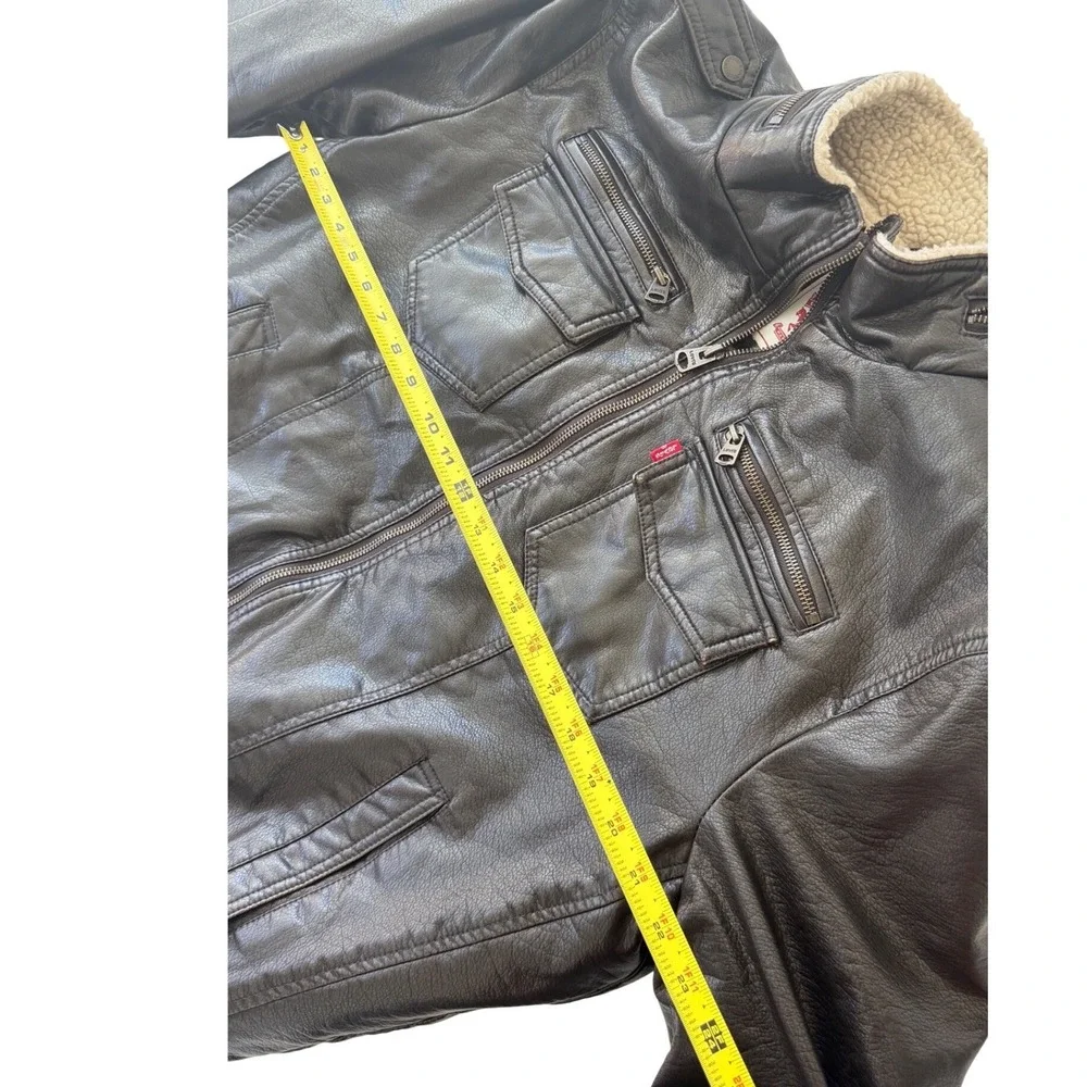 Levis Mens Faux Leather Sherpa Lined Bomber Jacket‎ Dark Brown Military Large